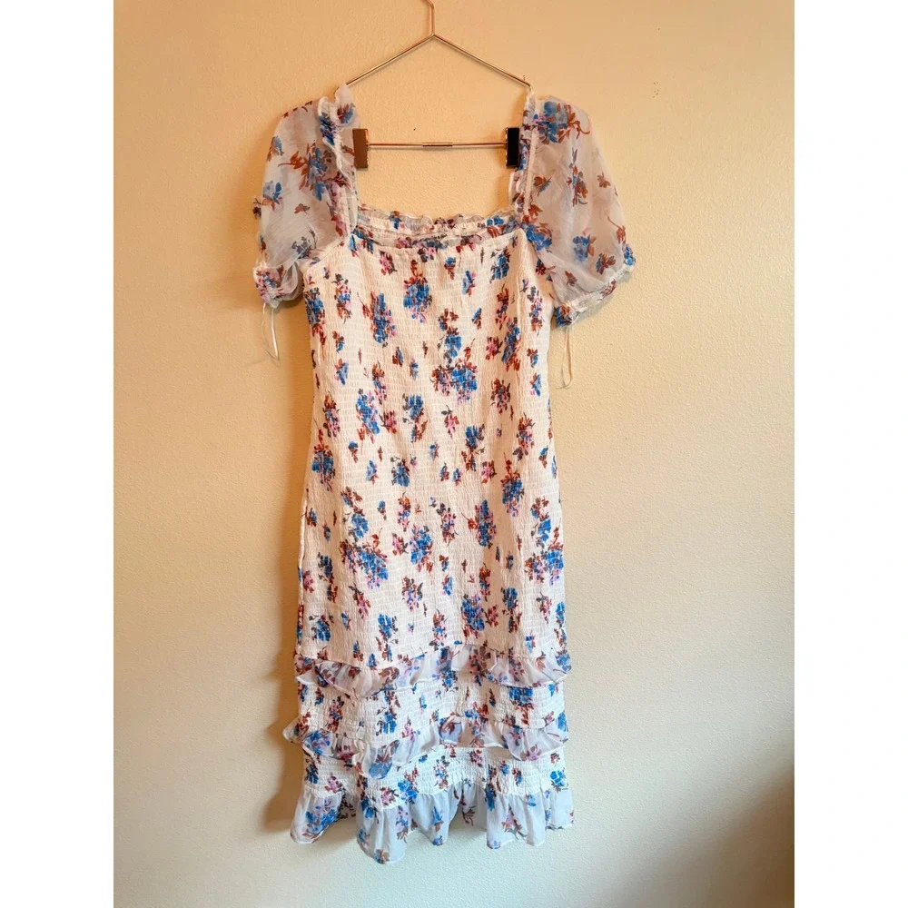 Abercrombie & Fitch Dress Womens Large White Floral Smocked Puff Sleeve Ruffle - Picture 3 of 7